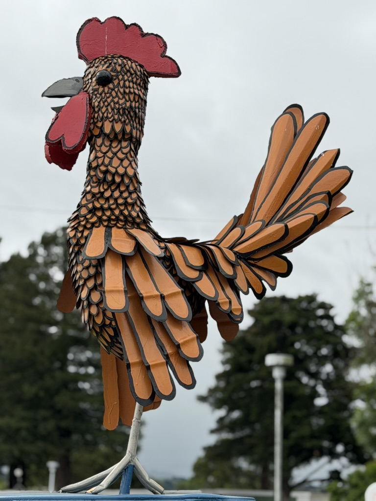 A painted sheet-metal rooster sculpture in Petaluma