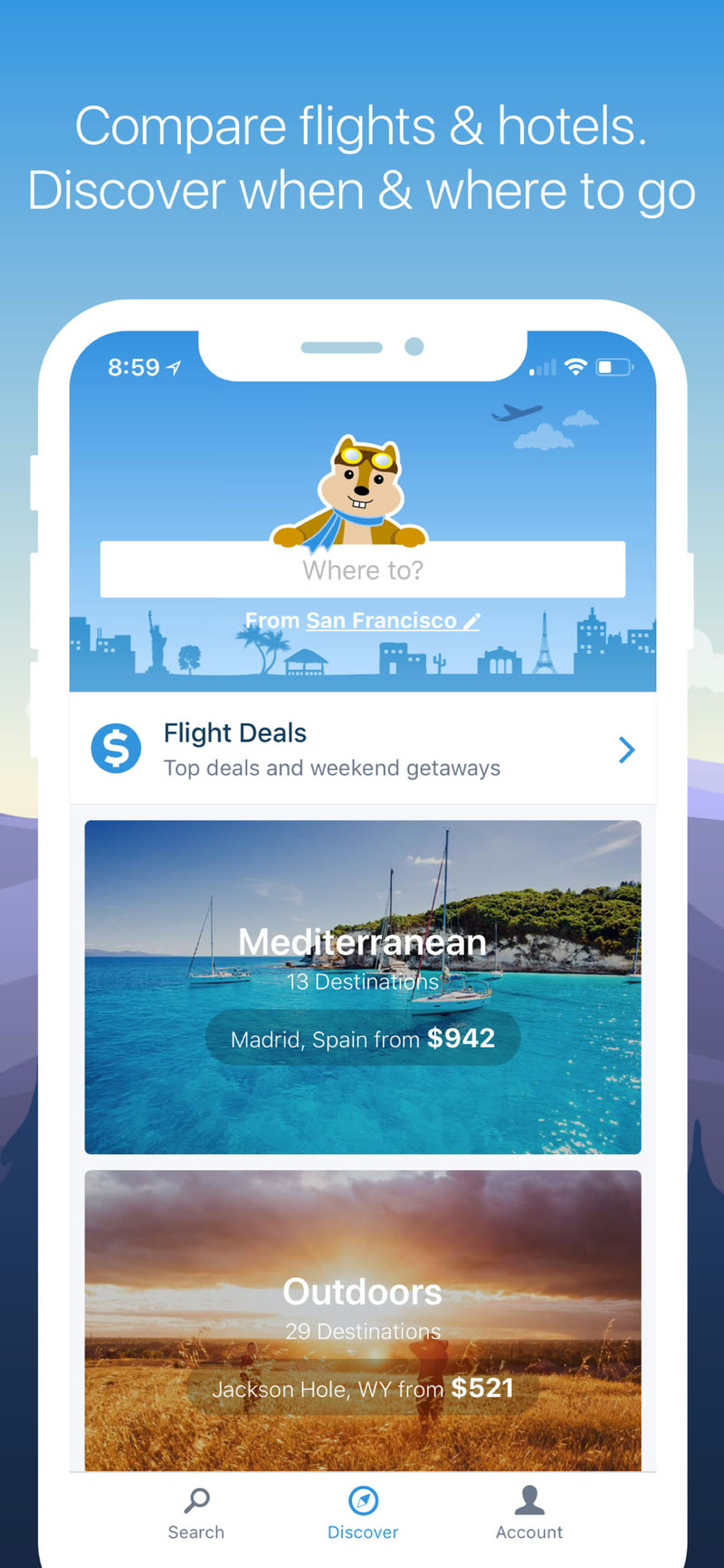 The Hipmunk home screen with the mascot, Discover destinations, and fare alerts