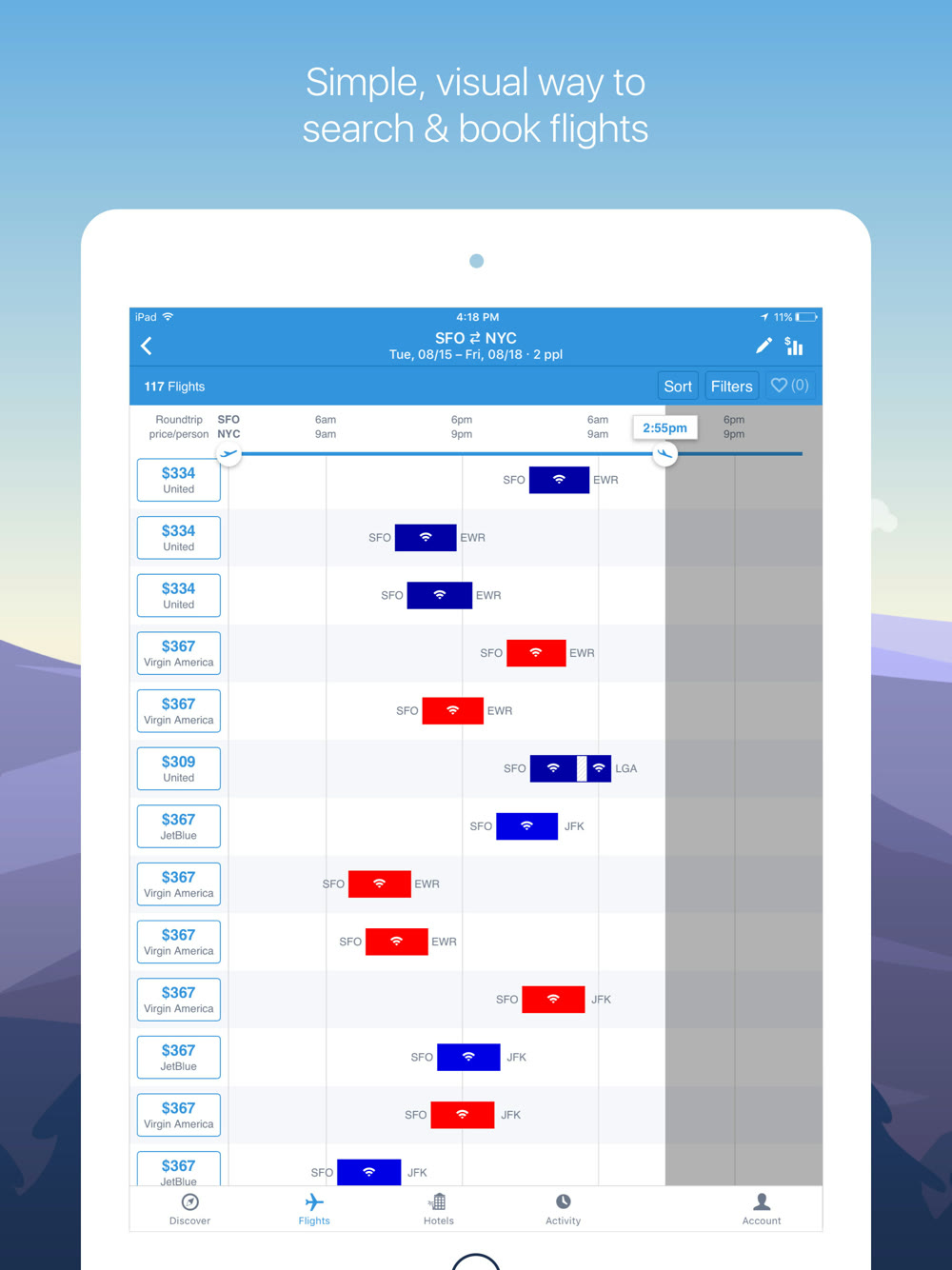 Hipmunk's flight results on iPad: each flight drawn as a bar on a visual timeline