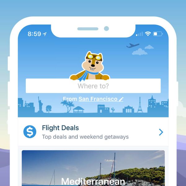 Hipmunk's home screen with the chipmunk mascot and search field