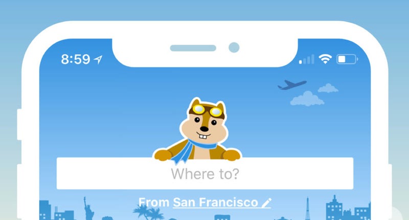 Hipmunk's home screen with the chipmunk mascot and search field