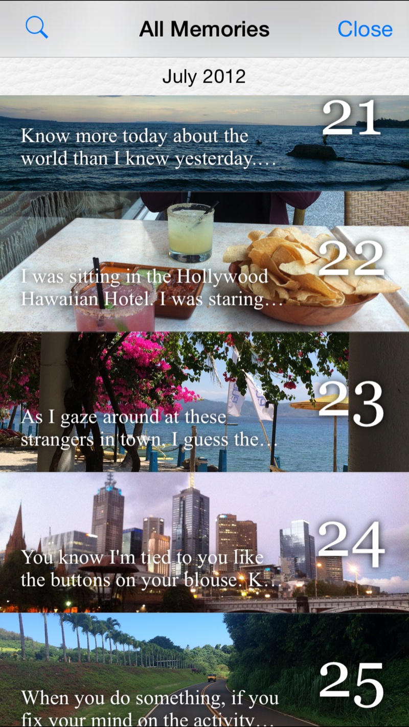 The All Memories timeline in Little Memory, a scrolling month of photo-backed entries