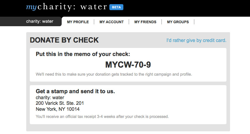 The donate by check screen with a memo code
