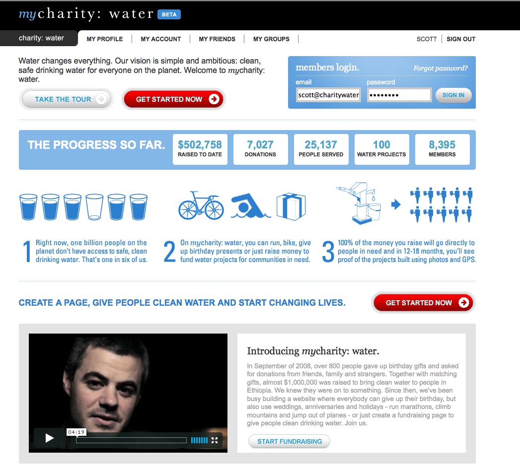 The mycharity: water homepage on October 20, 2009 showing $502,758 raised