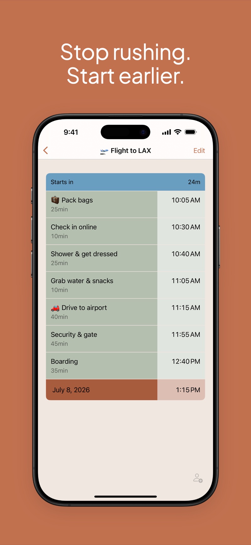 A Ready Time flight plan counting backward from departure to when to start packing