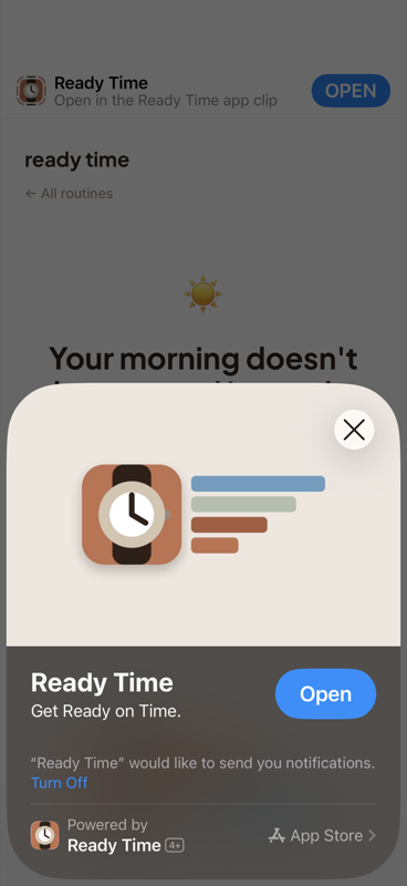 Safari on iPhone showing the Ready Time App Clip card for a morning routine