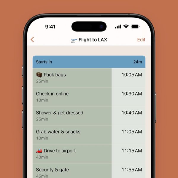 Ready Time's flight-day plan with a scheduled checklist