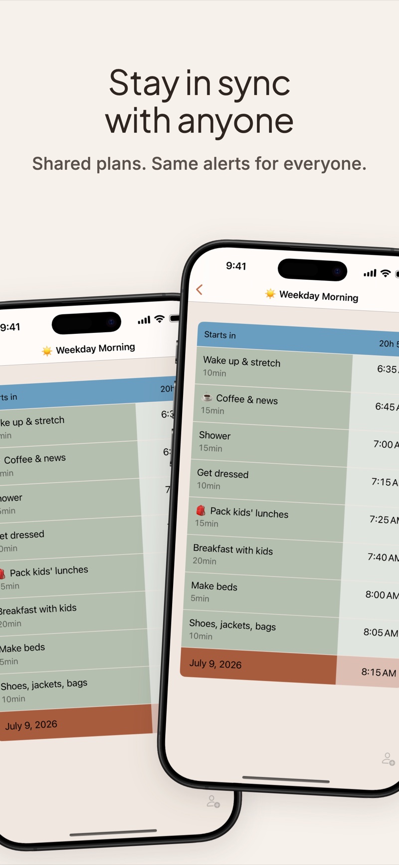Two phones showing the same shared Ready Time plan in sync