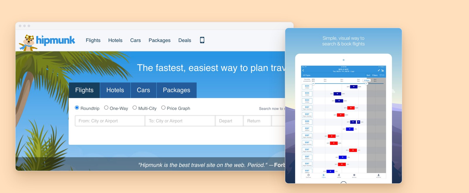 Hipmunk's 2015 homepage beside the iOS app's flight results timeline