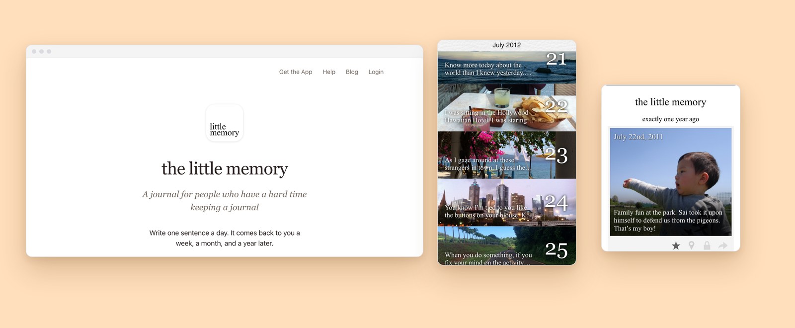 Little Memory: the journal's website beside its memories timeline and On This Day views