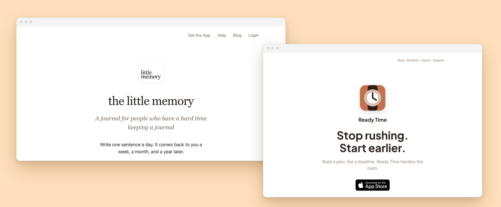 Two apps built in Petaluma: the Little Memory journal and the Ready Time planner, both shipped to the App Store