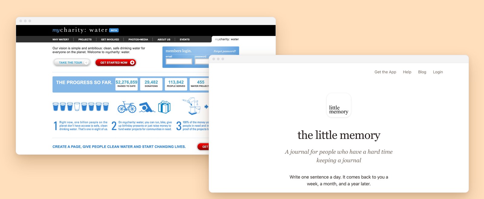 Two web apps Ivan Tse built: the mycharity: water fundraising platform and the Little Memory journal